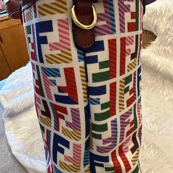 Fendi Multicolor FF-Logo Canvas Tote with Brown Leather Straps - Picture 3 of 5